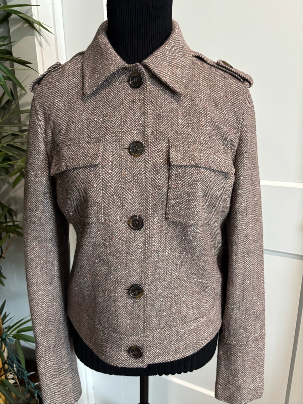 NEW Michael Michael KORS  Brown Herringbone Wool-Blend Military Stye Jacket SZ 8 - Picture 4 of 14